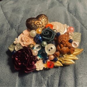 Handmade Floral Brooch with Pearls and Buttons
